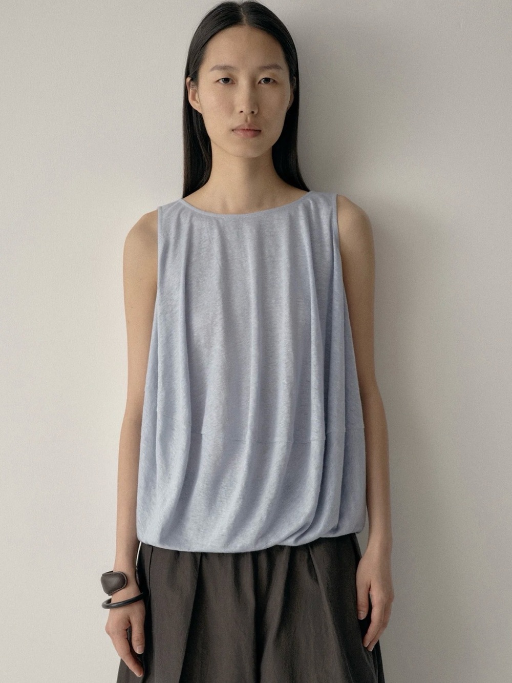 Sleeveless Light Blue Relaxed Boatneck Blouse